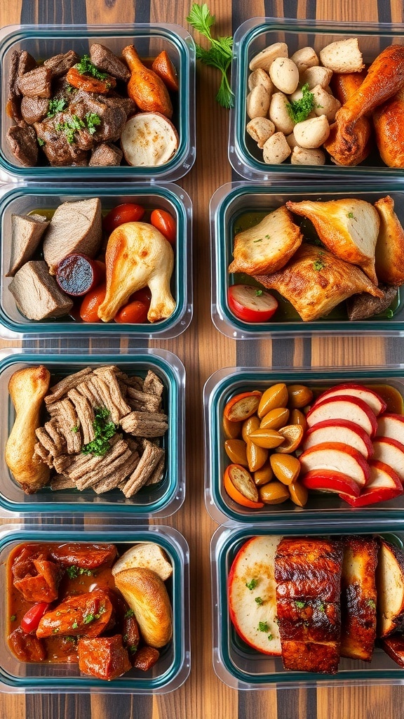 Carnivore freezer meals in containers, including beef stew, chicken thighs, and pork belly.